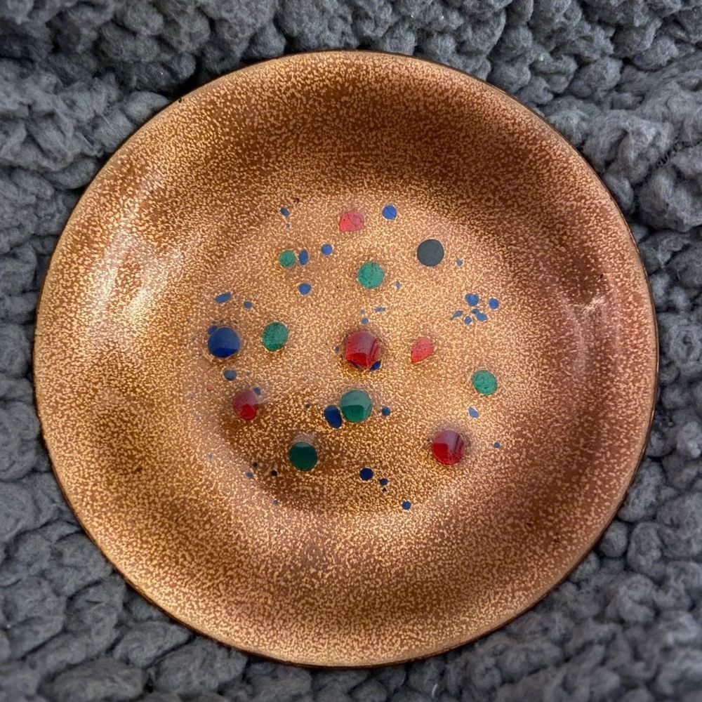 Vintage Enameled copper little trinket dish. A15